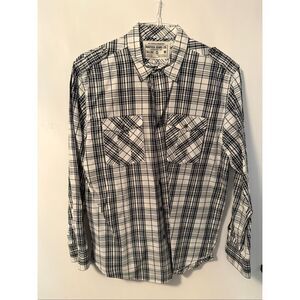 Nautica Men’s Button Up Long Sleeve Buttondown   Shirt Black White plaid Sz medi